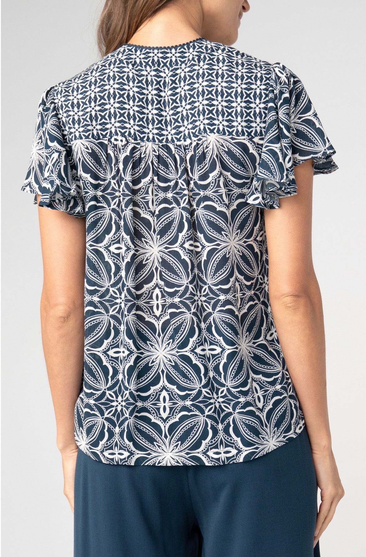 Liverpool Flutter Short Sleeve Navy Print Button Front Woven Top