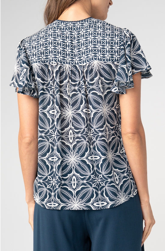 Liverpool Flutter Short Sleeve Navy Print Button Front Woven Top