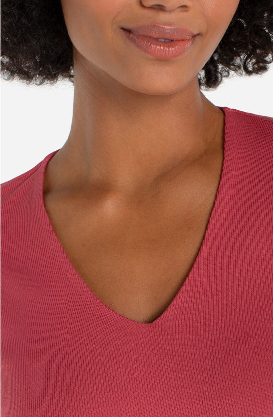 Liverpool 1/2 Sleeve V Neck Double Layer Front Knit Top Garnet Rose