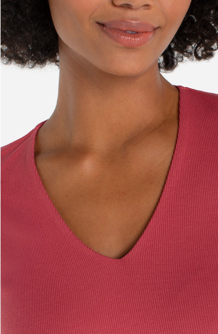 Liverpool 1/2 Sleeve V Neck Double Layer Front Knit Top Garnet Rose