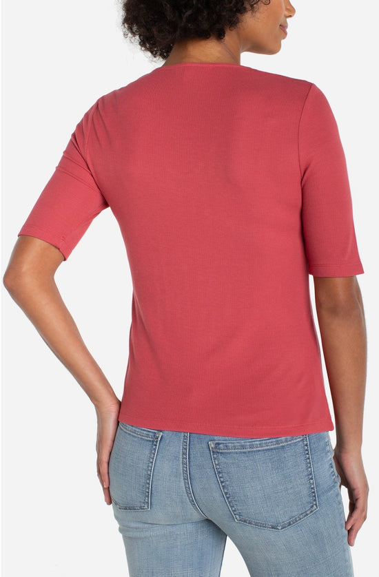 Liverpool 1/2 Sleeve V Neck Double Layer Front Knit Top Garnet Rose