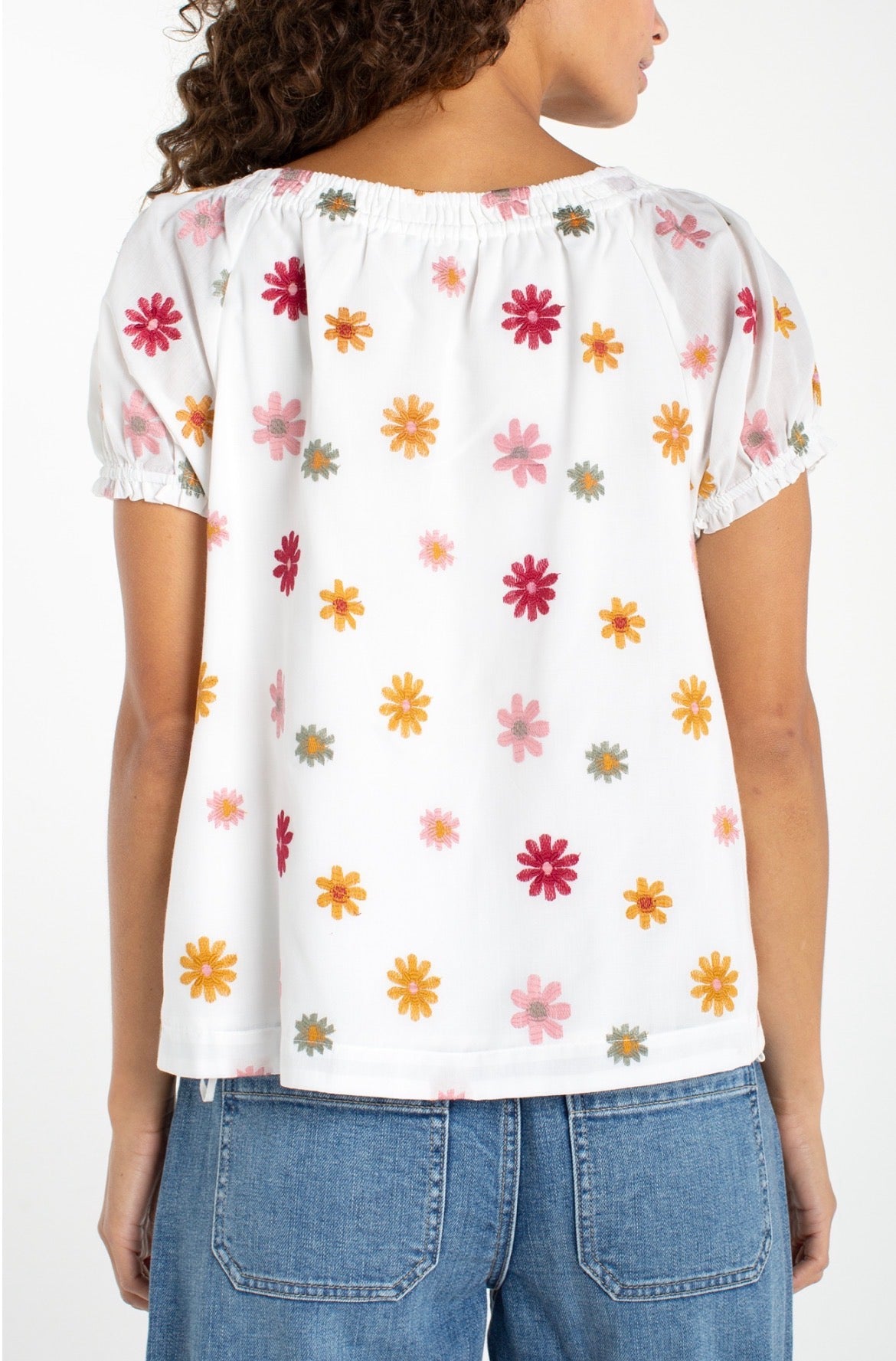 Liverpool Short Sleeve Tie Neck Woven Top Cream w/Flowers