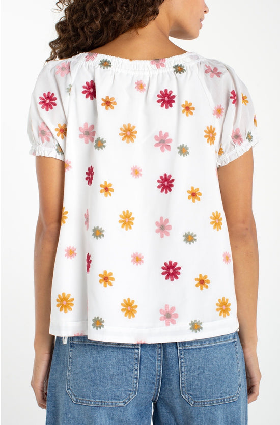Liverpool Short Sleeve Tie Neck Woven Top Cream w/Flowers