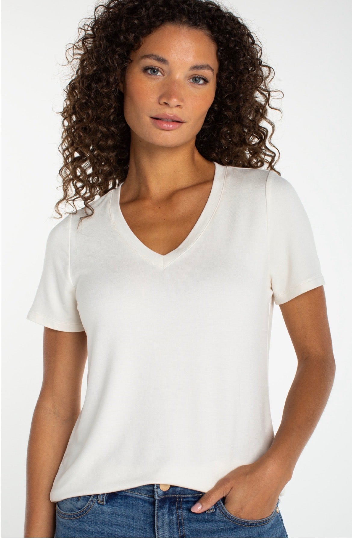Liverpool Short Sleeve V Neck Knit Top French Cream