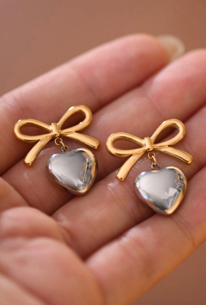 MIA  2 Tone 18k Gold Waterproof/Stainless Steel Heart and Bow Earrings
