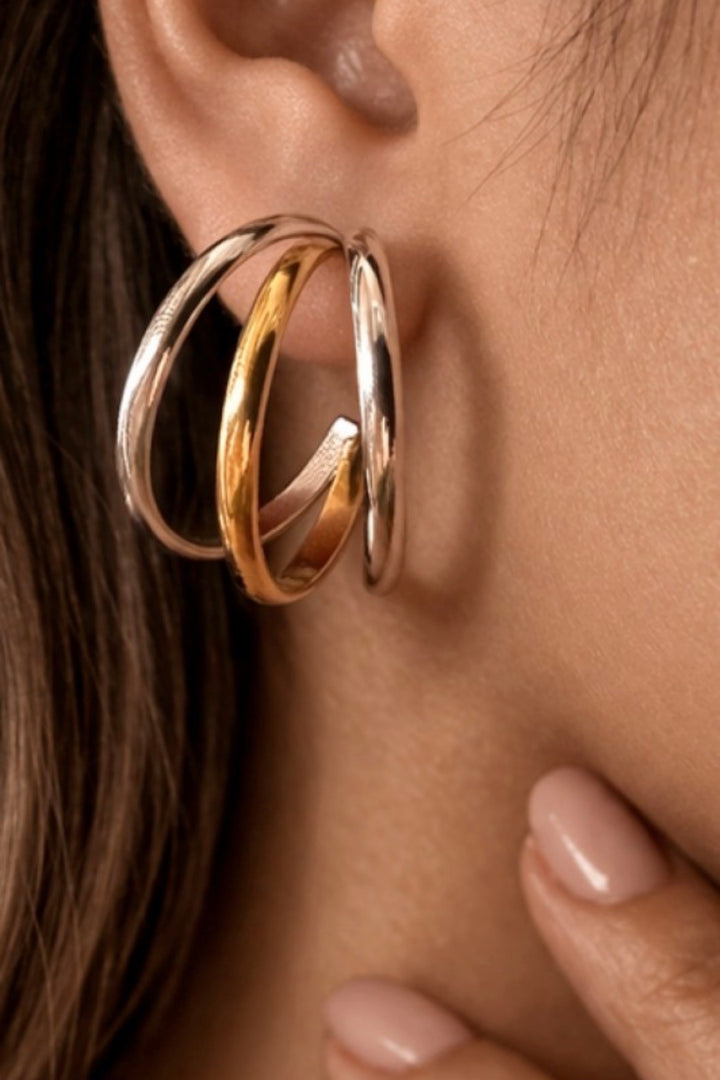 MIA 18k Gold Plated Waterproof Stainless Steel Two Tone Triple Hoop Earrings