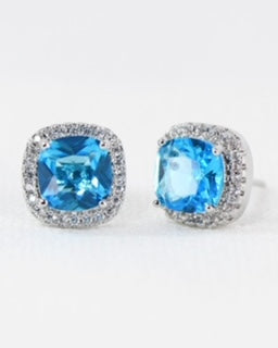 MIA CZ SQUARE STUD EARRINGS SLIVER/BLUE