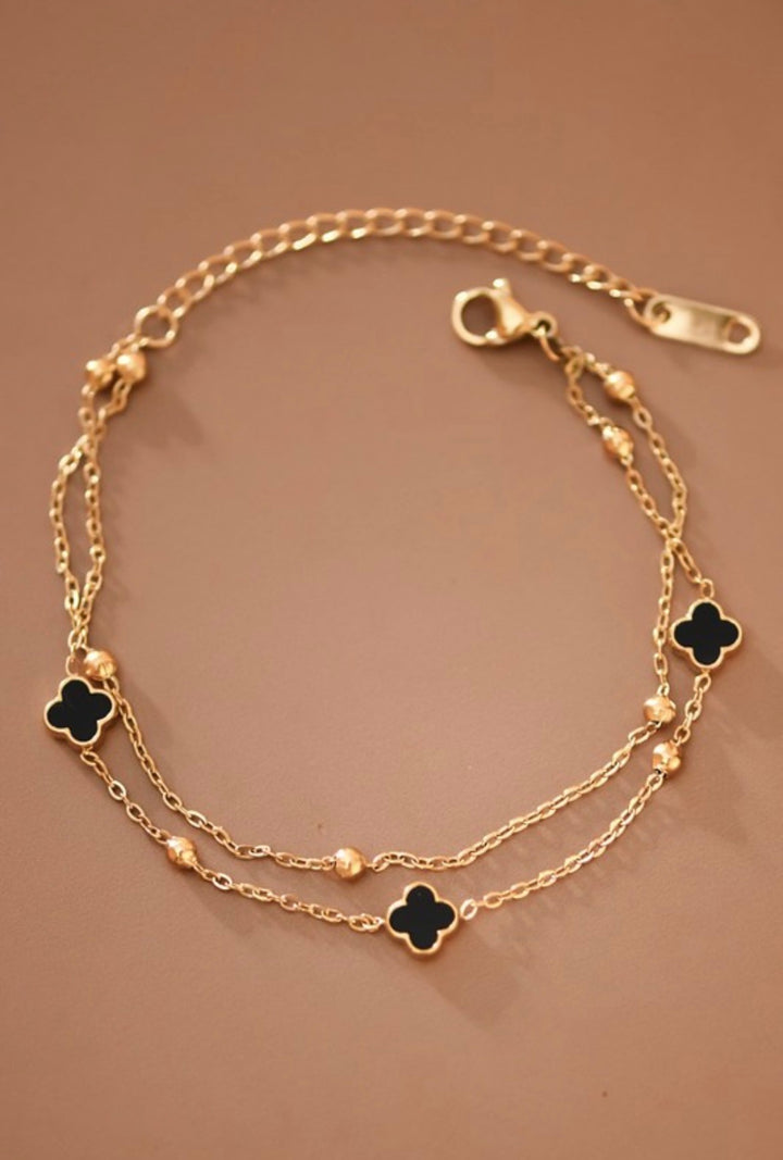 MIA 18k Gold Plated Waterproof Stainless Steel Black Flower  Chain Bracelet