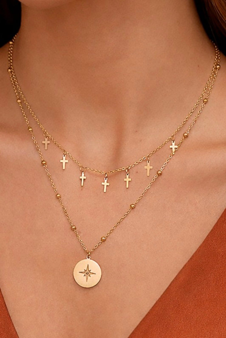 MIA 18k Gold Plated Waterproof Stainless Steel Small Crosses/Charm Multi Chain Necklace