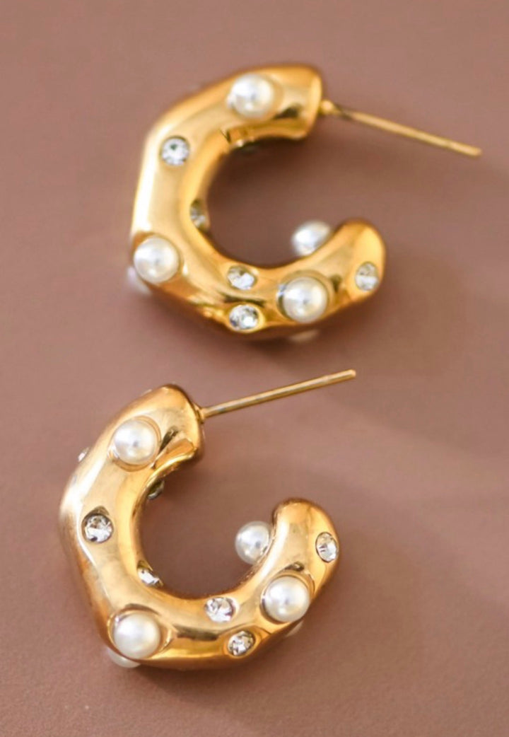 MIA 18k Gold Plated Waterproof Stainless Steel Pearl Accents Hoop Earrings