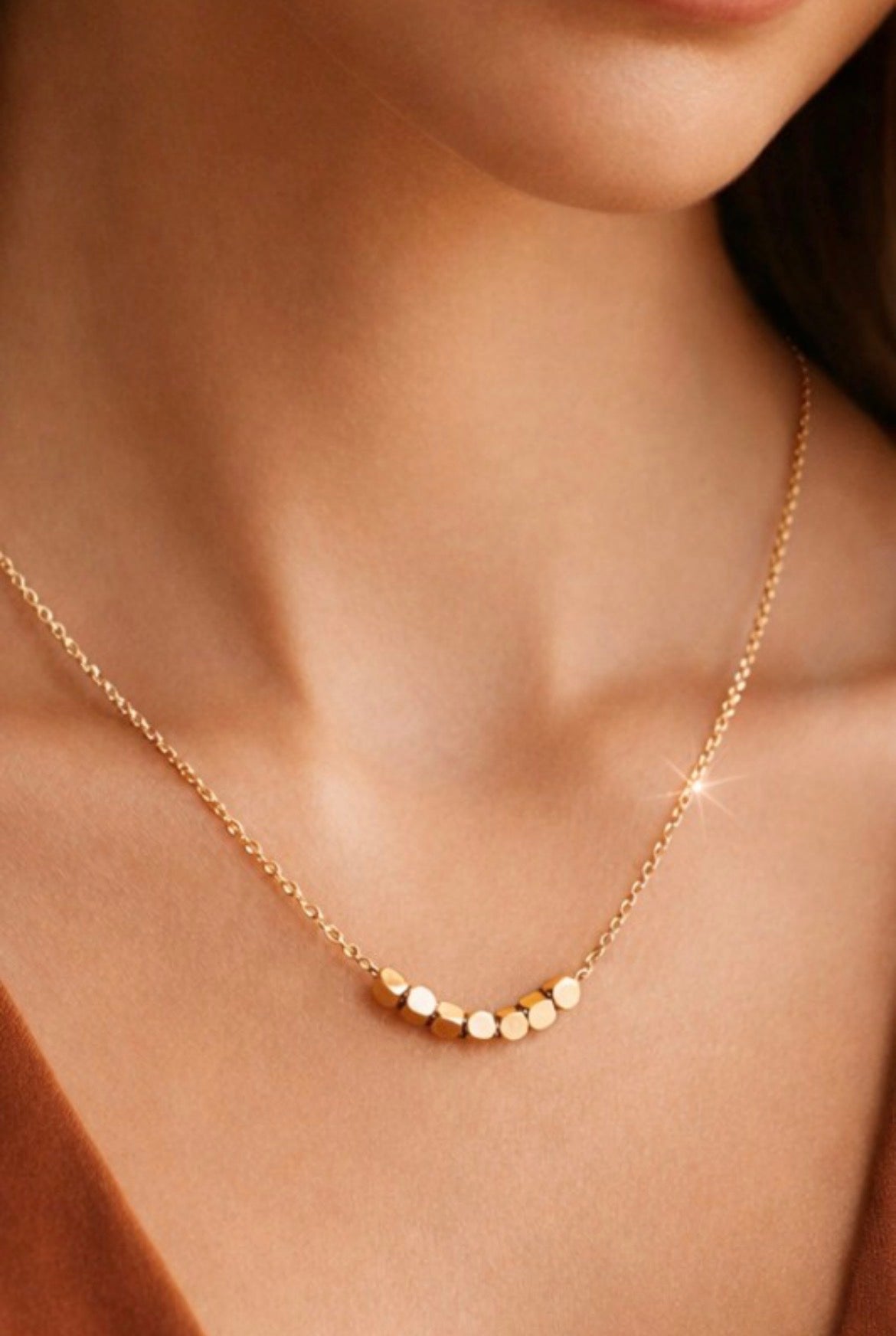 MIA 18k Gold Plated Waterproof Stainless Steel Square Bead Accent Necklace