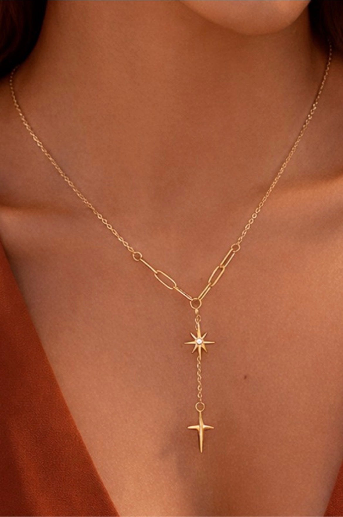 MIA 18k Gold Plated Waterproof Stainless Steel Star Drop V Necklace