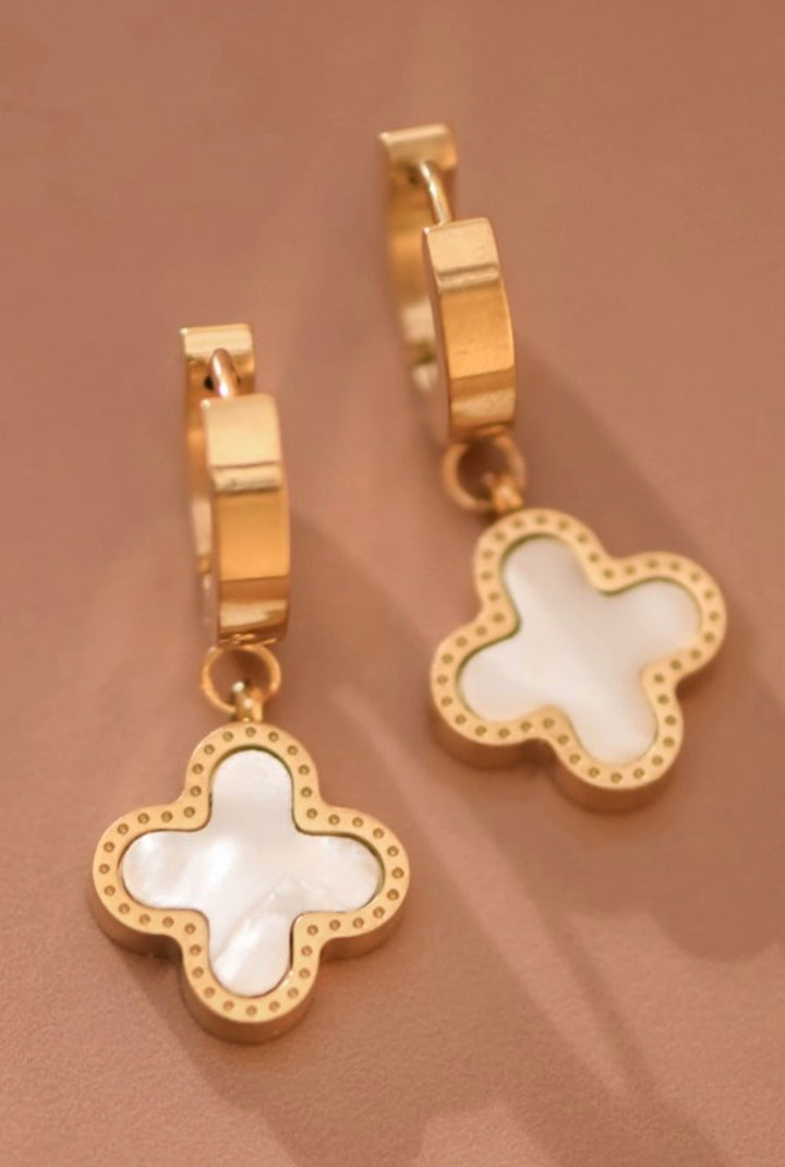 MIA 18k Gold Plated Waterproof Stainless Steel  Clover White Drop Earrings