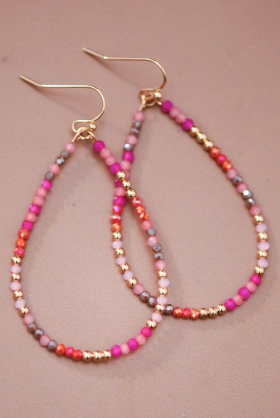 MIA Pink Teardrop Wire Beaded Glass Crystal Earrings