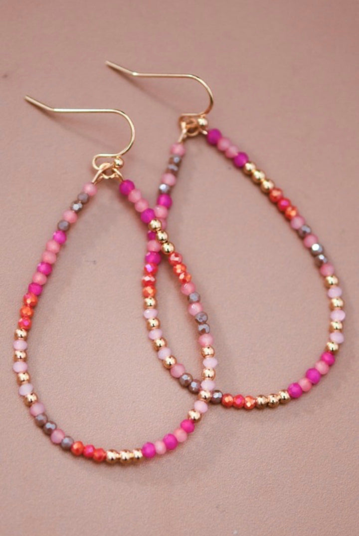 MIA Pink Teardrop Wire Beaded Glass Crystal Earrings