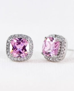 MIA CZ SQUARE STUD EARRINGS SLIVER/PINK