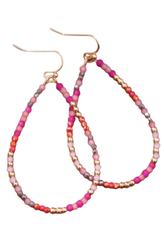MIA Pink Teardrop Wire Beaded Glass Crystal Earrings