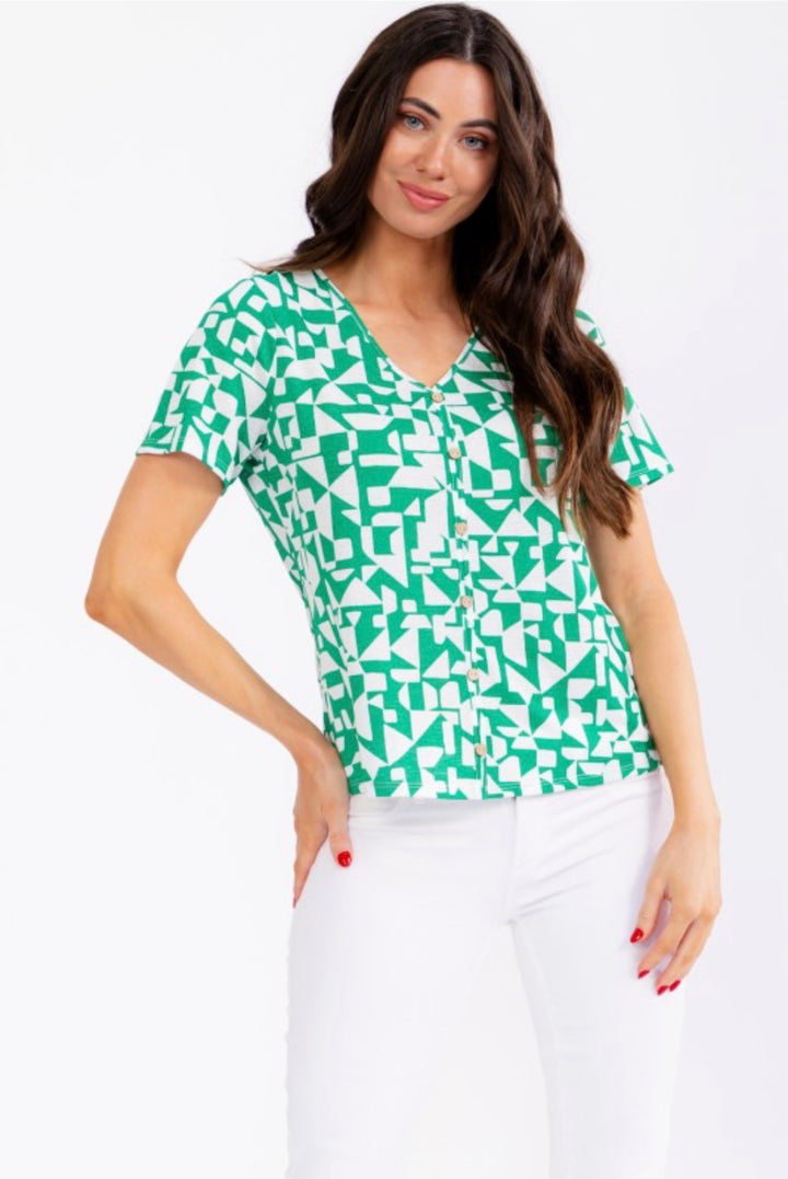 Perseption Geo Print Short Sleeve Button Down Green Ivory Blouse
