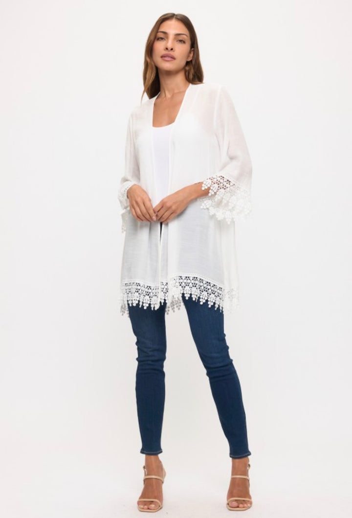 Perseption Crochet Lace Details Open Front Kimono Ivory
