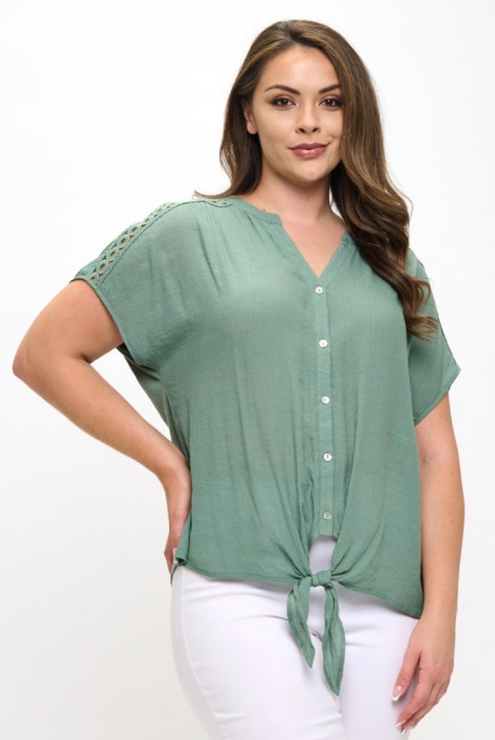 Perseption Green Crochet Detail Tie Front Button Down Short Sleeve Top PLUS