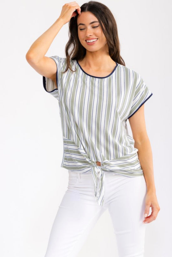 Perseption Sage/Ivory/Slate Stripe Short Sleeve Side Tie Top