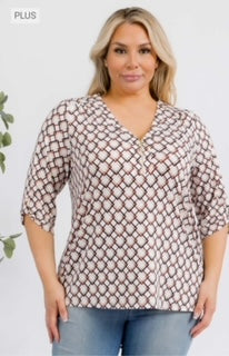 PER Roll Tab Sleeve Square Pattern Blouse PLUS