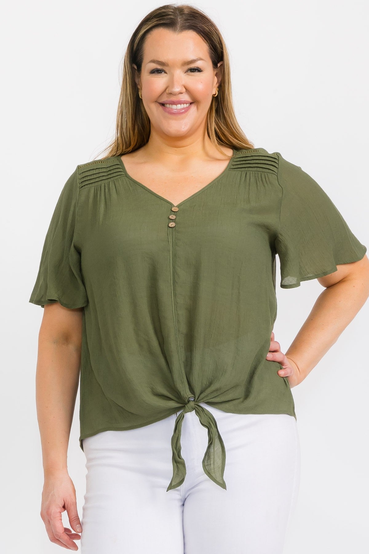 PER Front Tie Blouse Olive