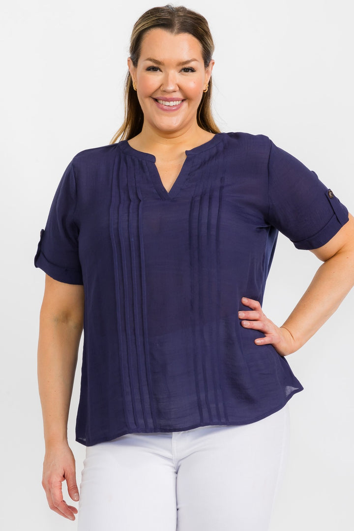 PER Pleated Blouse with Button Sleeve Plus Navy