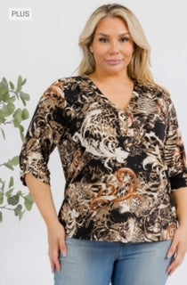 PER Roll Tab Sleeve Swirl Pattern Blouse PLUS