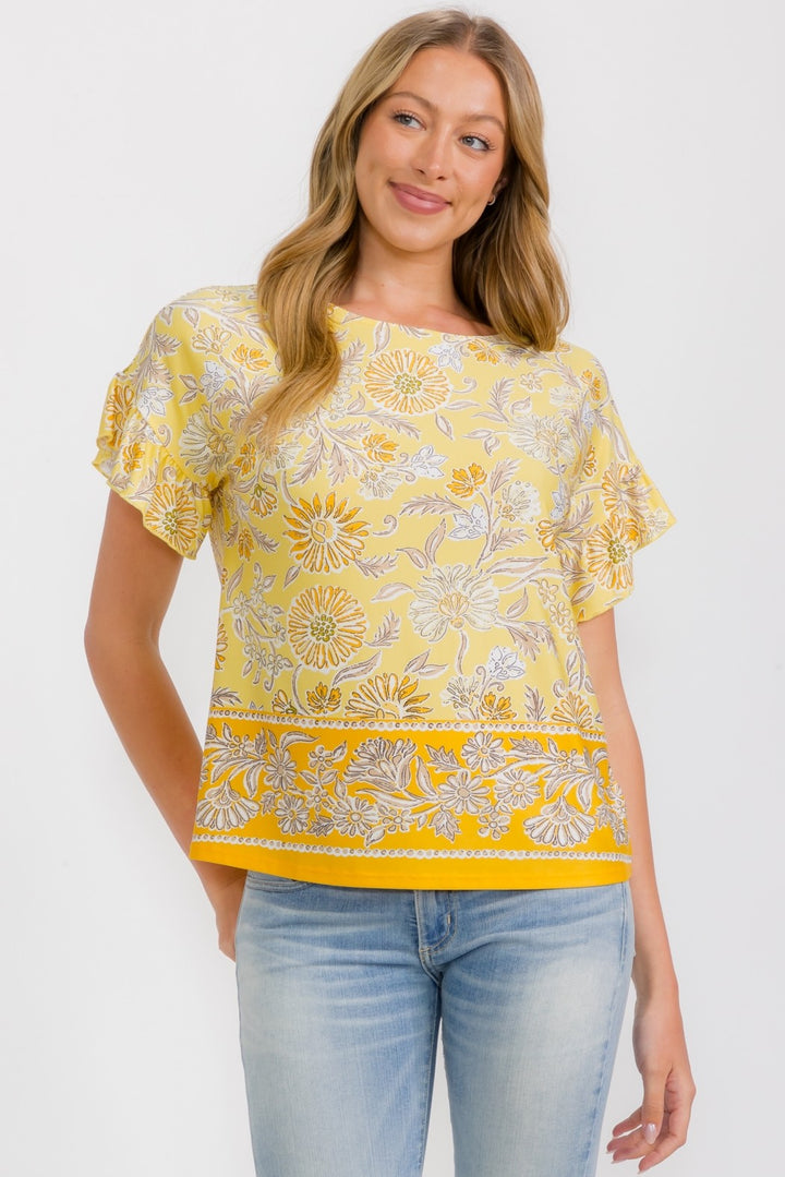 PER Yellow Floral Ruffle S/S Top