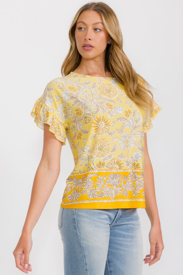 PER Yellow Floral Ruffle S/S Top
