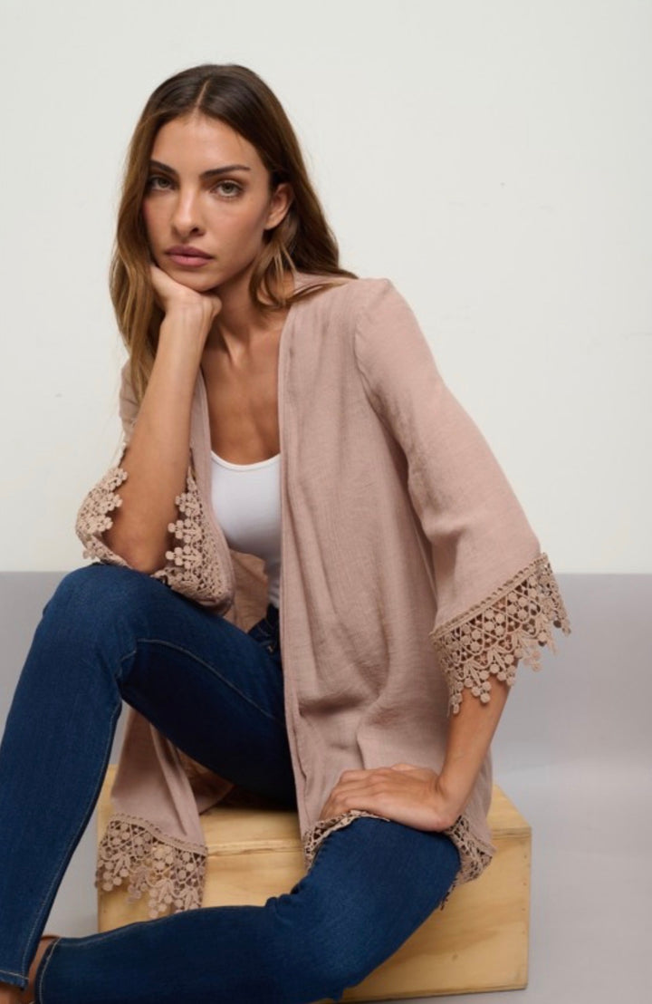 Perseption Crochet Lace Detail Open Front Kimono Taupe