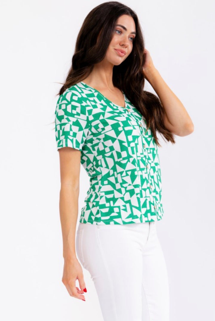 Perseption Geo Print Short Sleeve Button Down Green Ivory Blouse