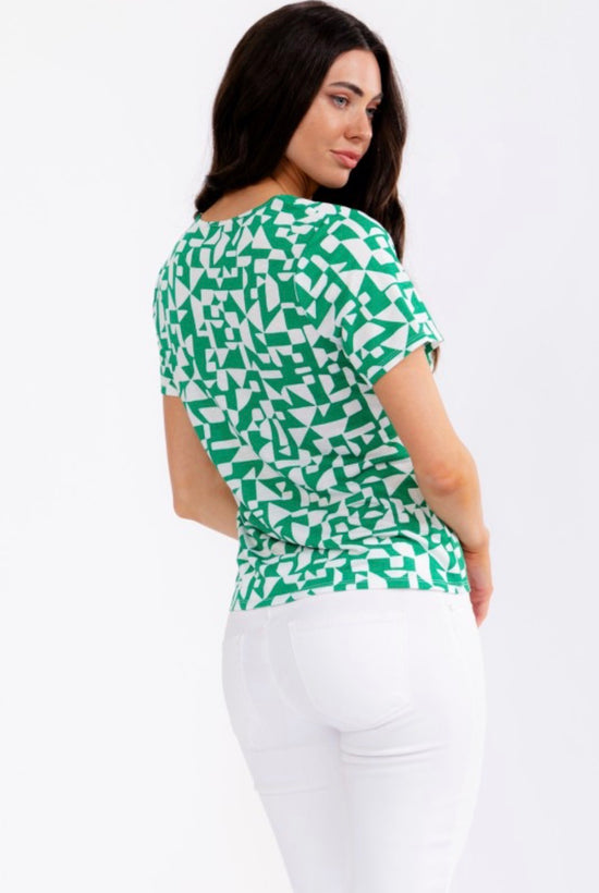 Perseption Geo Print Short Sleeve Button Down Green Ivory Blouse