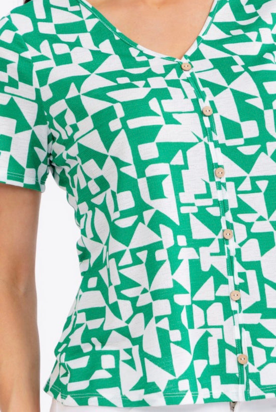 Perseption Geo Print Short Sleeve Button Down Green Ivory Blouse