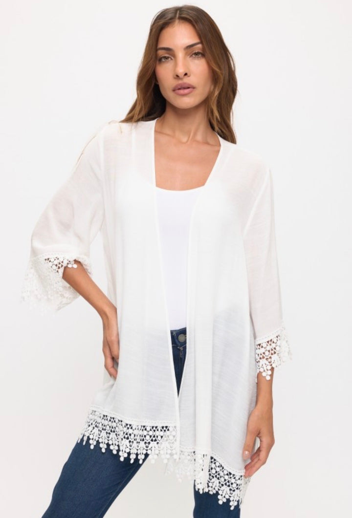 Perseption Crochet Lace Details Open Front Kimono Ivory