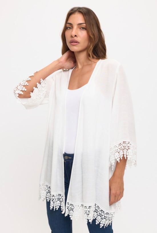 Perseption Crochet Lace Details Open Front Kimono Ivory