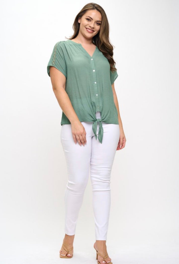 Perseption Green Crochet Detail Tie Front Button Down Short Sleeve Top PLUS