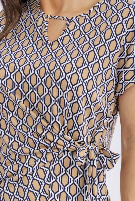 Perseption Geo Print Side Tie Top Navy Taupe