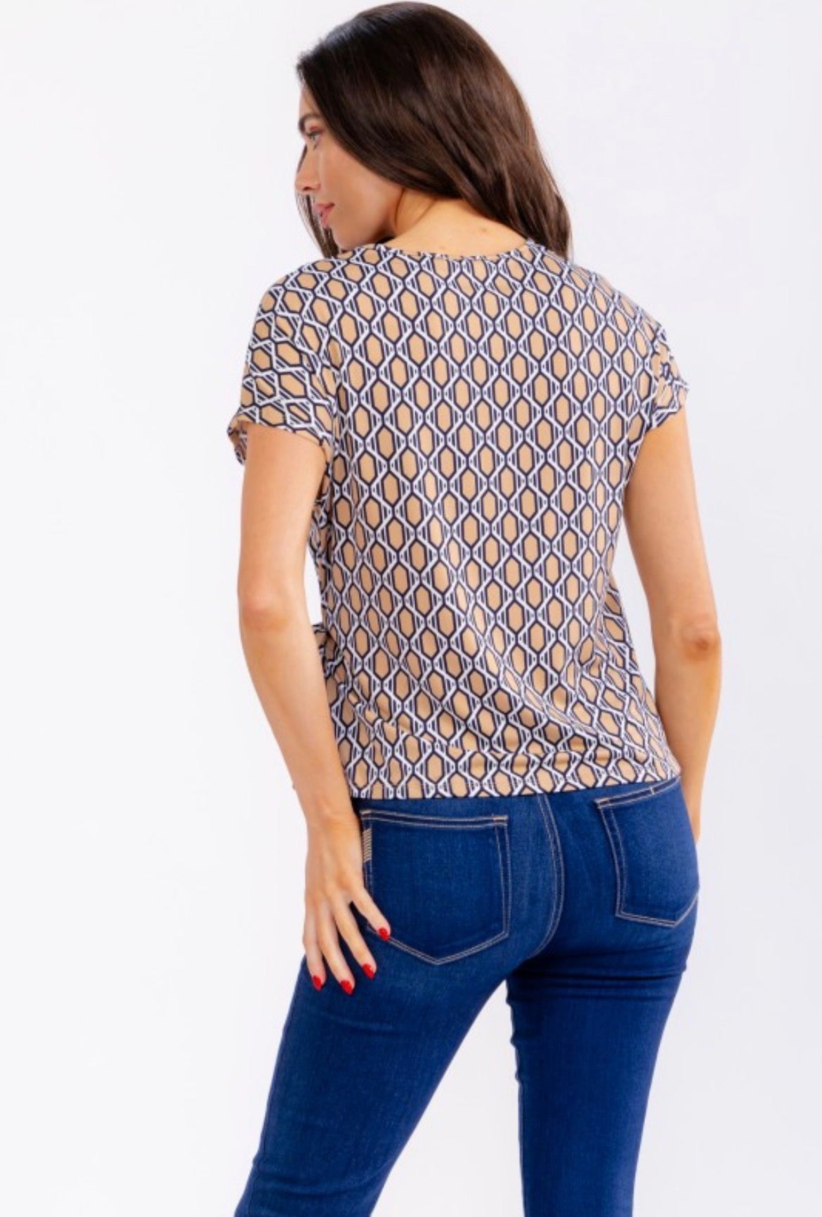 Perseption Geo Print Side Tie Top Navy Taupe