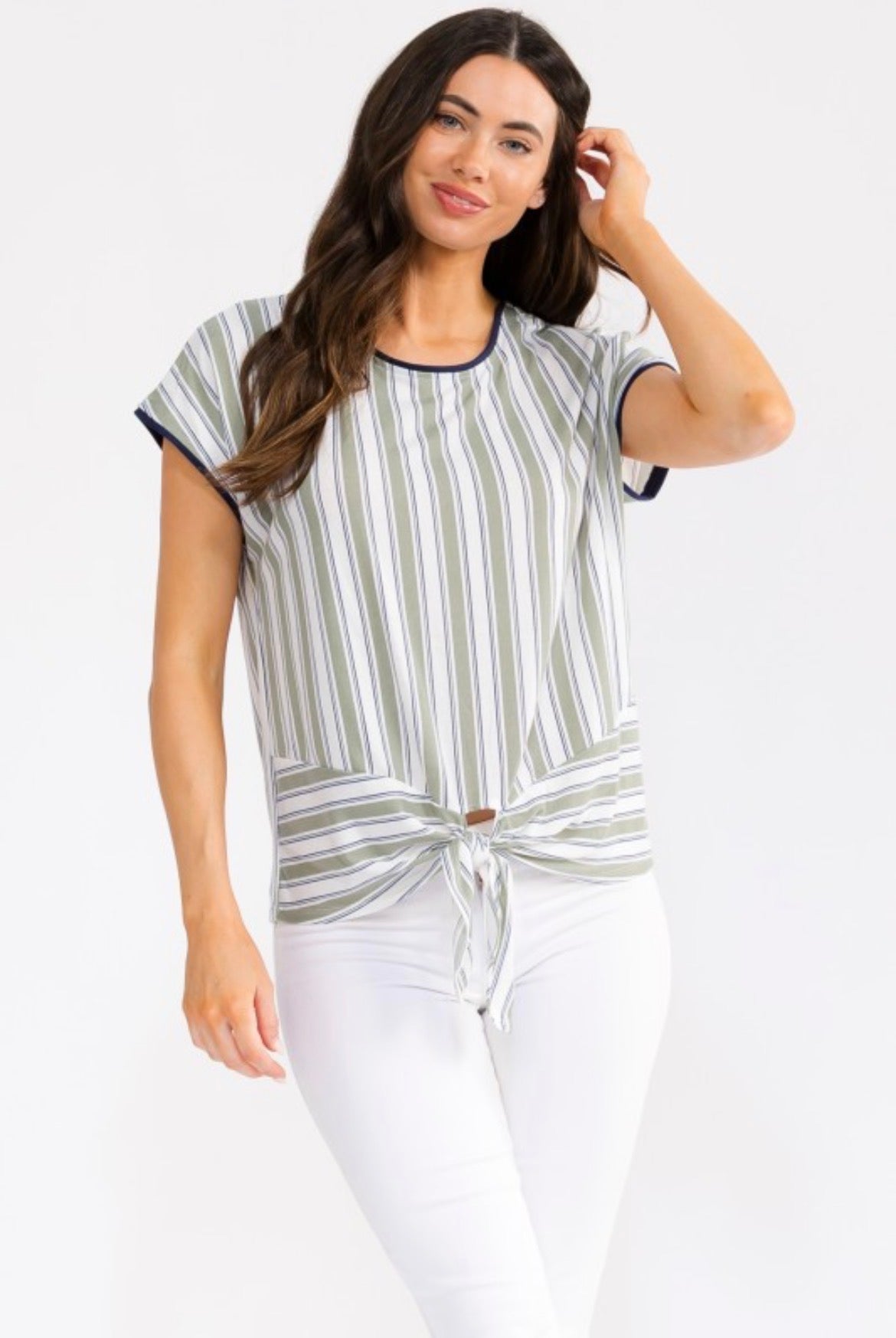 Perseption Sage/Ivory/Slate Stripe Short Sleeve Side Tie Top