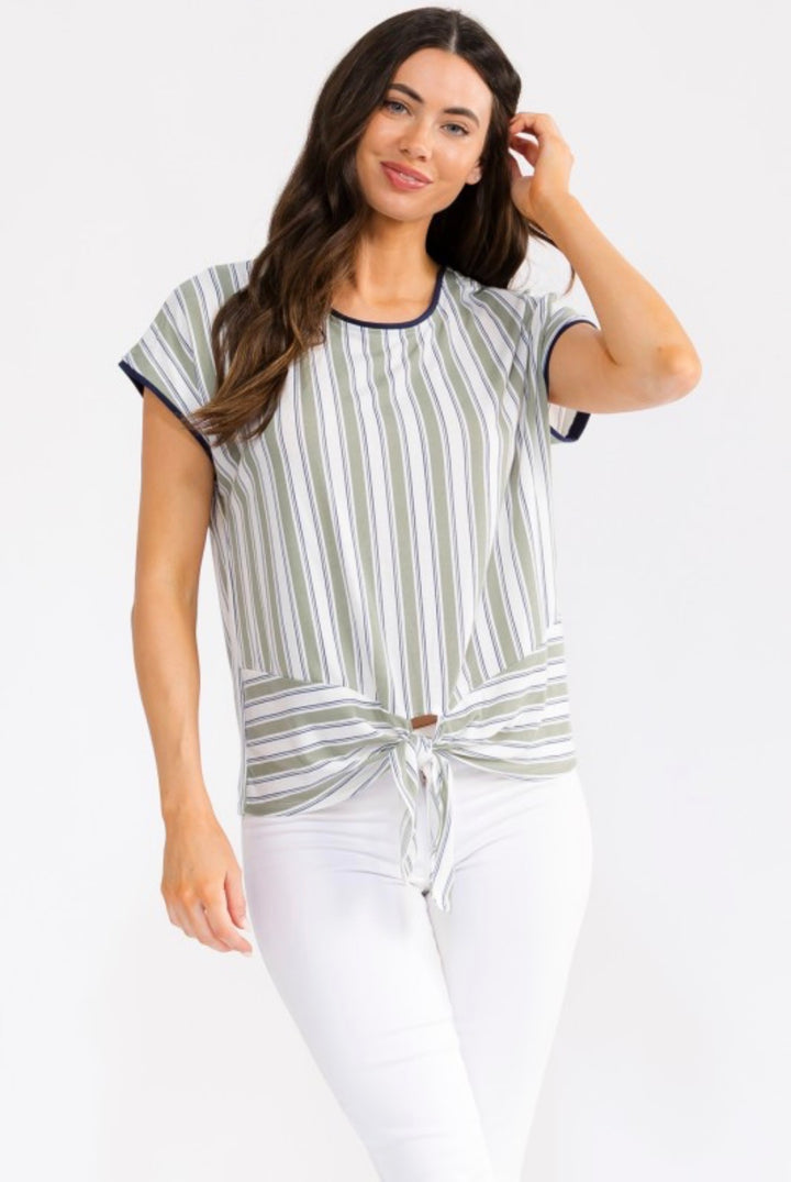 Perseption Sage/Ivory/Slate Stripe Short Sleeve Side Tie Top