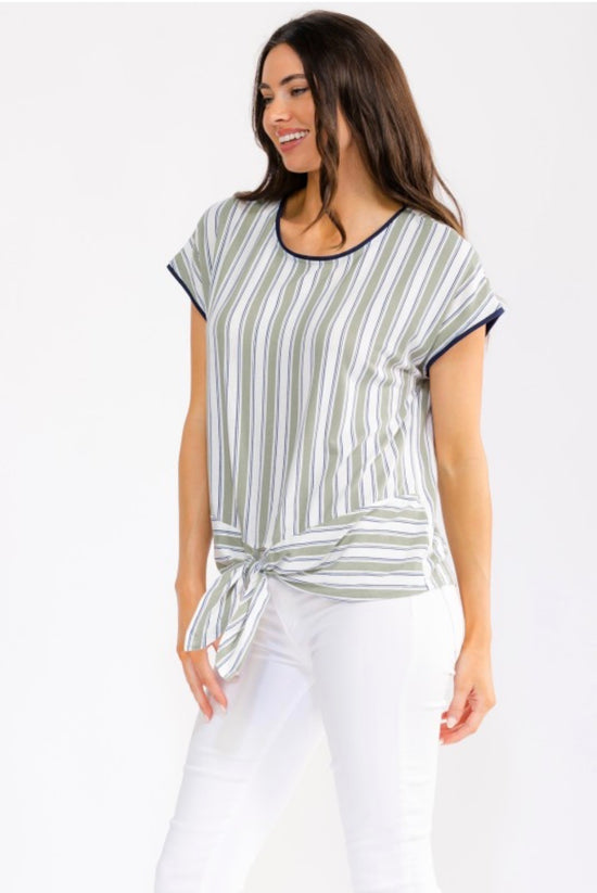 Perseption Sage/Ivory/Slate Stripe Short Sleeve Side Tie Top
