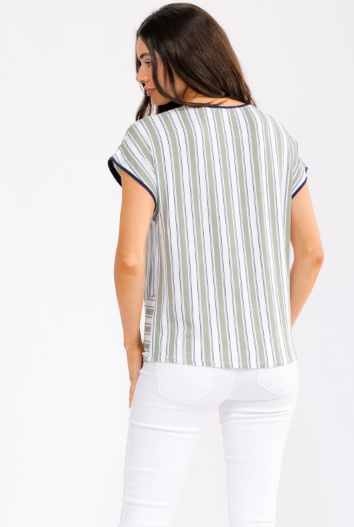 Perseption Sage/Ivory/Slate Stripe Short Sleeve Side Tie Top