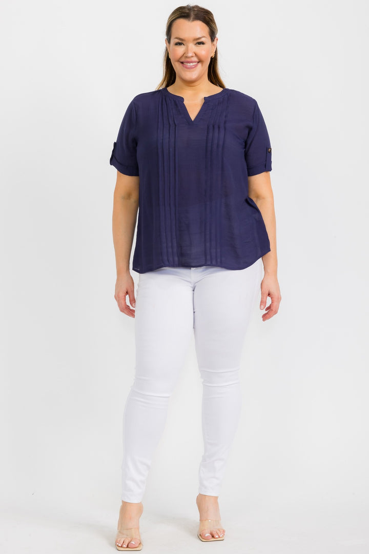 PER Pleated Blouse with Button Sleeve Plus Navy