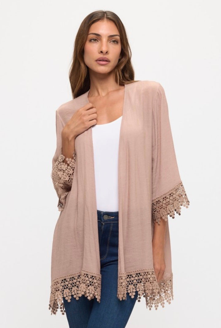 Perseption Crochet Lace Detail Open Front Kimono Taupe