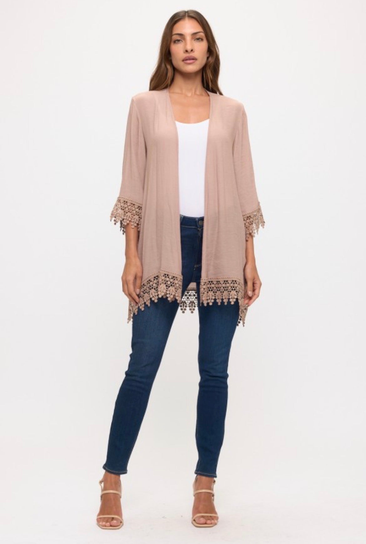 Perseption Crochet Lace Detail Open Front Kimono Taupe
