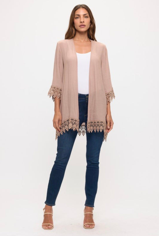 Perseption Crochet Lace Detail Open Front Kimono Taupe