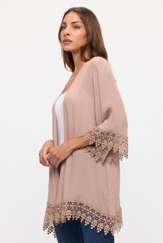 Perseption Crochet Lace Detail Open Front Kimono Taupe
