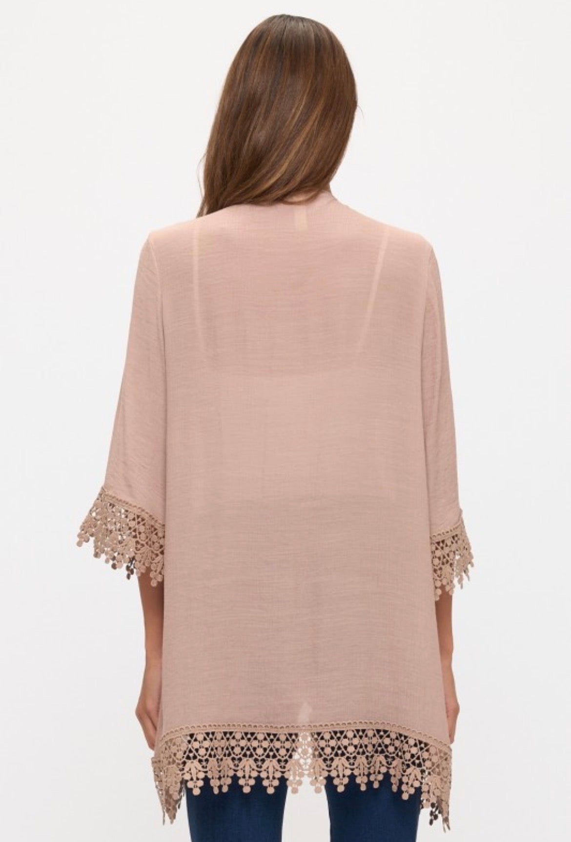 Perseption Crochet Lace Detail Open Front Kimono Taupe